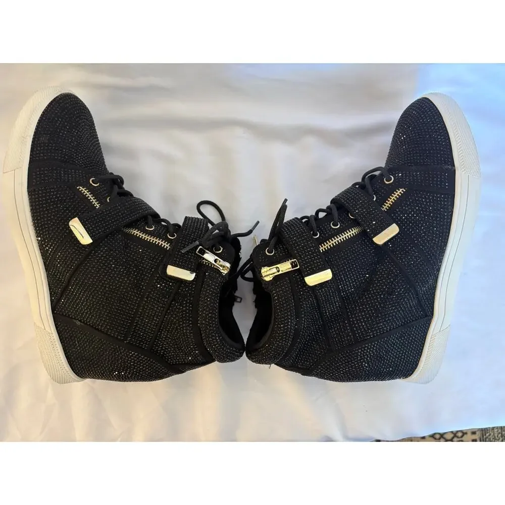 INC International Concepts Debby Rhinestone Wedge Sneakers Black Gold Sz 10